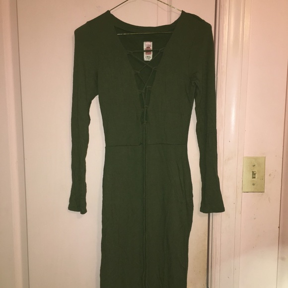 Olive Green Lace Up Midi Bodycon - Picture 1 of 2